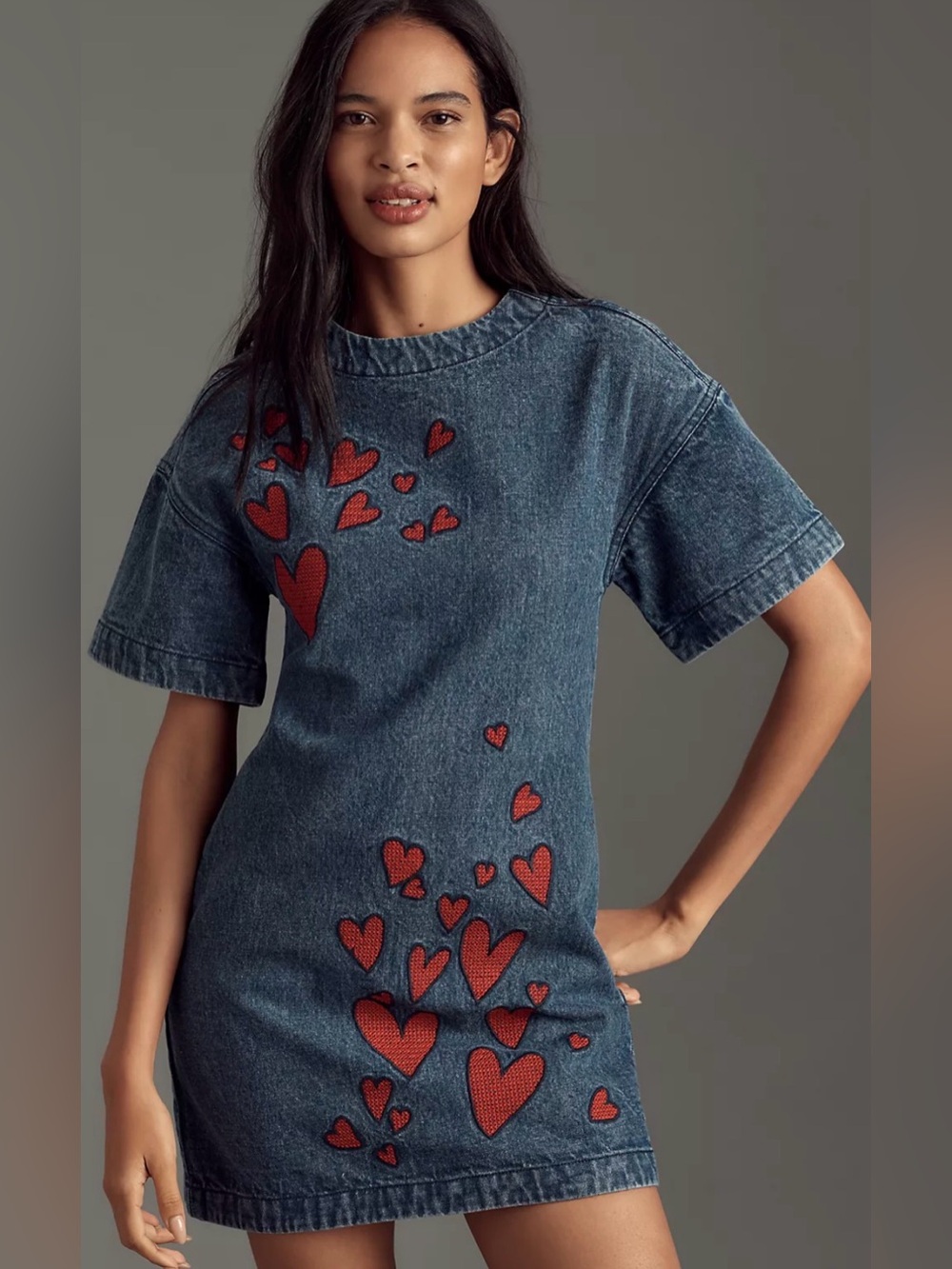 Dhruv Kapoor Short-Sleeve Embroidered Heart Denim‎ Mini Dress Size Small